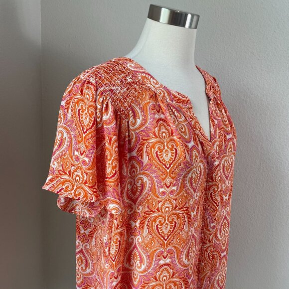 Rose + Olive Womens Plus 1X Paisley Blouse Top Short Flutter Sleeve Shirt - Picture 2 of 10